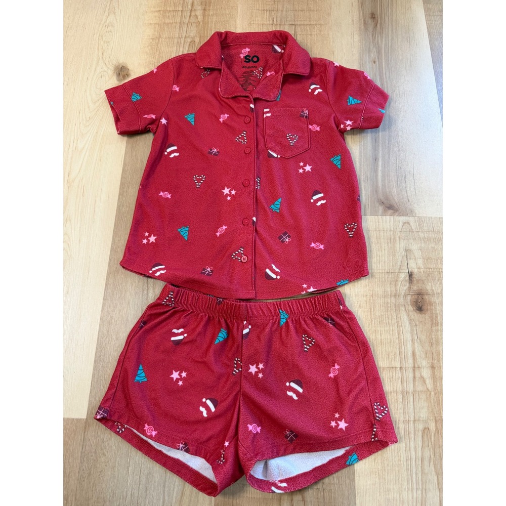 SO Girls Christmas Pajama Set Red Fleece Short Sleeve Shirt Shorts XS 6 6X
